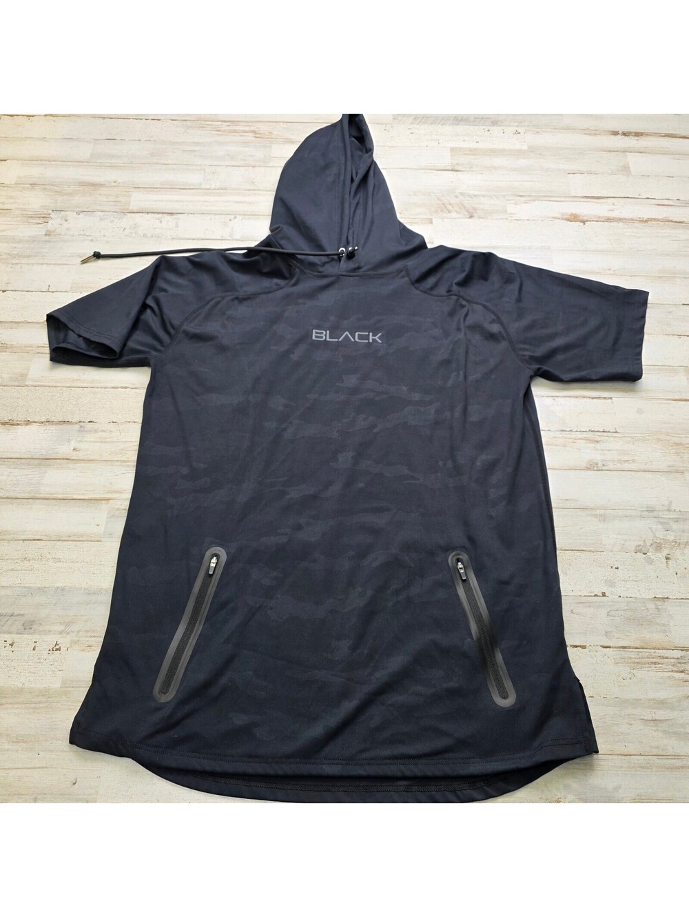 Actively Black Hoodie Men's L Black Camo Short Sleeve Zipper Pockets Graphic